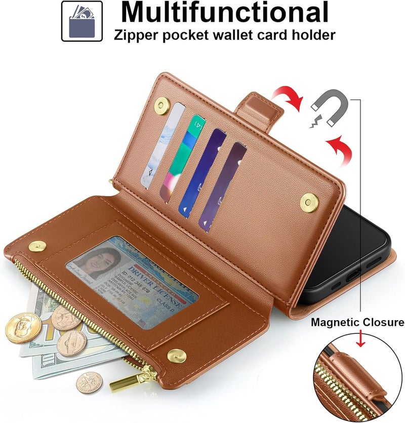 Antsturdy Compatible with iPhone 16 Pro Max Wallet Case,RFID Blocking PU Leather Phone Case Women Men Kickstand flip Cover Wrist Strap Zipper Credit Card Holder Slots for Apple 16 ProMax,Light Brown - Image 4